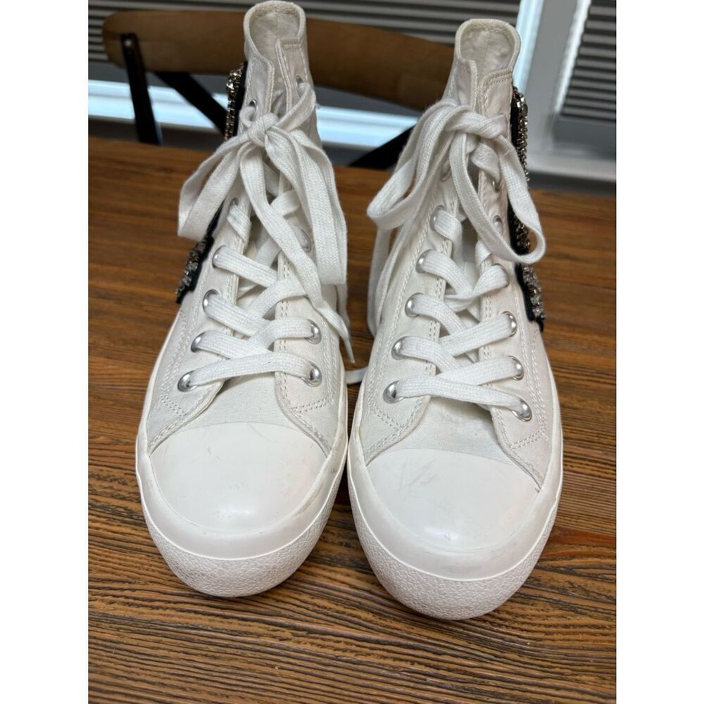 Lauren Lorraine White High-Top Sneakers with Black Beaded Patches and Chains - Picture 13 of 16